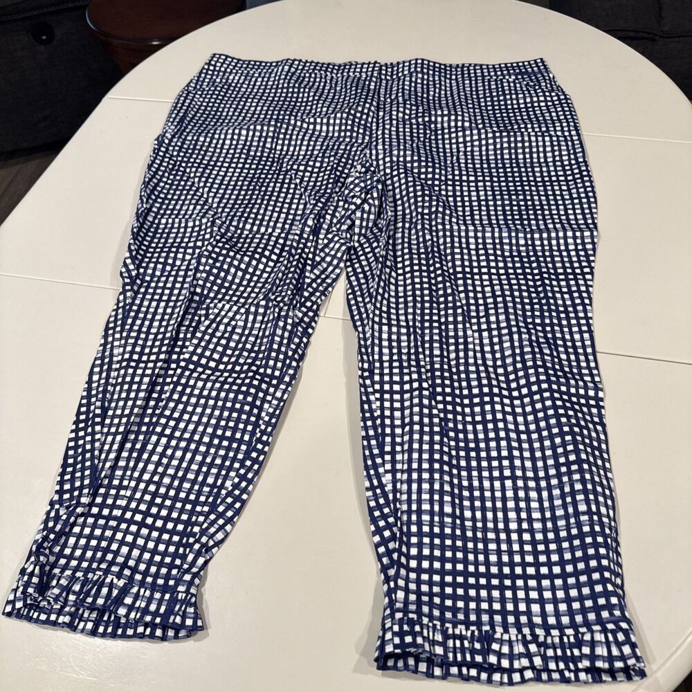 Dennis Basso Womens Blue Gingham Plaid Ruffled Hem Straight Leg Ankle Pants 28W